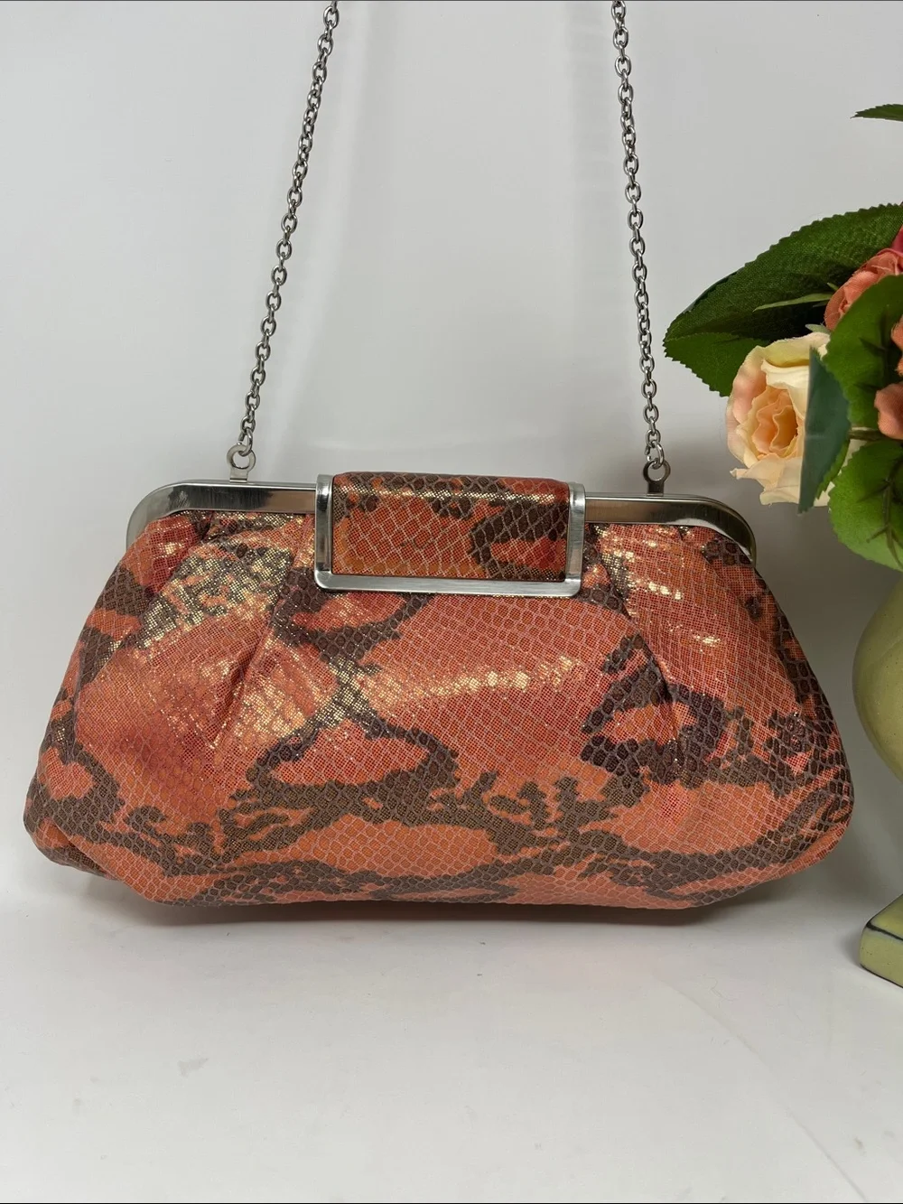 ANNABEL INGALL AUSTRALIA IRIDESCENT SNAKESKIN PEACH AND GRAY CLUTCH BAG